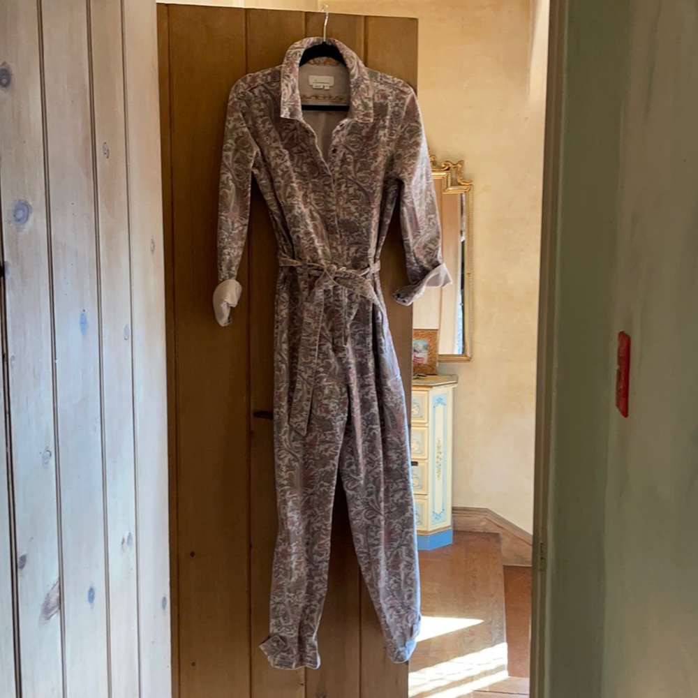 Pink paisley denim jumpsuit
